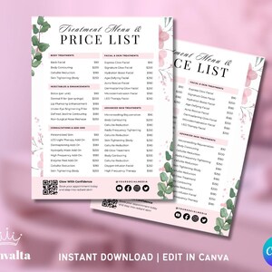 May include: Two pink and white treatment menu and price list templates with floral accents. The text includes body treatments, facial and skin treatments, and advanced skin treatments. The bottom of the image says "Instant Download | Edit in Canva."