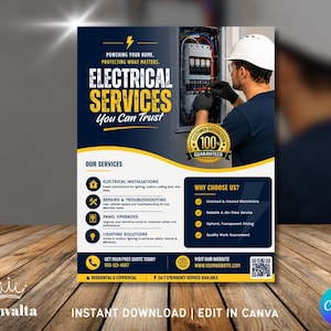 May include: A flyer for electrical services featuring a technician in a white hard hat working on a circuit breaker panel. The text reads Electrical Services, Powering Your Home, Protecting What Matters, and includes a 100% customer satisfaction seal.