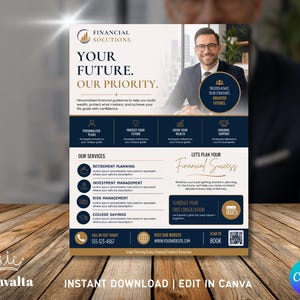 May include: A financial services flyer template featuring a professional in a suit, with text reading Financial Solutions, Your Future. Our Priority., and sections for services like retirement planning, investment management, risk management, and college savings.