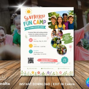 May include: A flyer for Summer Fun Camp with the text "PLAY, LEARN, EXPLORE, GROW". The flyer includes images of children and details about the camp, such as the date, time, and location. The flyer is designed with a colorful and playful aesthetic.
