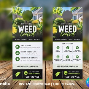 May include: Two vertical door hangers for professional weed control services. The design features yellow dandelion graphics, white text reading Professional Weed Control, and sections detailing services, benefits, and a phone number 555-123-4567.