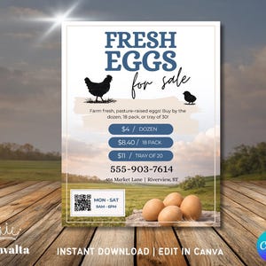 May include: A poster with the text "FRESH EGGS for sale" and a silhouette of a chicken. The poster includes pricing for a dozen, 18 pack, and tray of 20 eggs. The background shows a field and sky with a wooden surface.