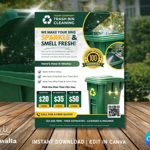 Puede incluir: Anuncio de servicio de limpieza de contenedores de basura verdes. El folleto incluye el texto "¡Hacemos que tus contenedores brillen y huelan fresco!" y "¡Llama para una cotización gratuita!" con opciones de precios. El folleto está sobre una superficie de madera.