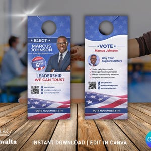 May include: Door hanger featuring a portrait of Marcus Johnson, with the text "Elect Marcus Johnson for City Council." The design includes a blue background with white stars, an American flag, and the text "Vote November 5th."