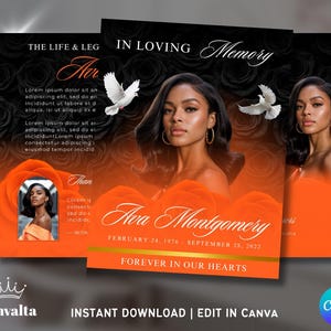 May include: A memorial card design with a black and orange color scheme. The design features a portrait of a woman, white doves, and text that reads "In Loving Memory" and "Forever in Our Hearts."