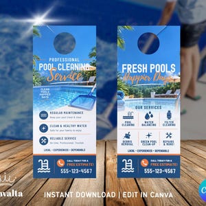 Könnte beinhalten: Zwei vertikale Türhänger für einen Poolreinigungsservice in Blau- und Weißtönen. Der Text enthält Professional Pool Cleaning Service, Fresh Pools Happier Days und die Telefonnummer 555-123-4567 mit einem Aufruf zum Handeln.