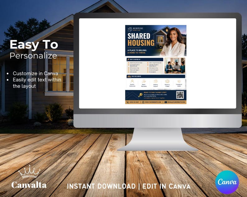 May include: A computer monitor displays a flyer for shared housing, featuring a woman's portrait and text. The flyer includes the words "Shared Housing" and "A Place to Belong." The monitor sits on a wooden surface, with the Canva logo in the corner.