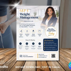 May include: A promotional flyer for a GLP-1 Weight Management Program. The flyer features a woman and includes text about the program's benefits, including weight loss and improved health. The flyer also includes contact information and a QR code.