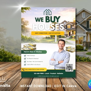 Flyer för "Vi köper hus" | Marknadsföringsmall för kontantköpare | Flyer för fastighetsinvesterare | Sälj ditt hus snabbt | Redigerbar Canva-mall