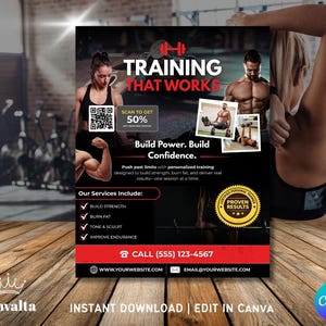 May include: A promotional flyer for fitness services, featuring the text "TRAINING THAT WORKS" and images of people working out. Services include building strength and burning fat. Includes a QR code for a discount.