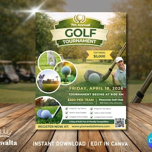 May include: A promotional poster for the 7th Annual Golf Tournament. The poster features images of golf balls and players, with text that reads "GOLF TOURNAMENT" and "Top Prize: $5,000". Includes the date, time, and registration information.