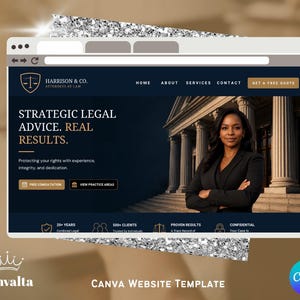 May include: A website template for a law firm named Harrison & Co. Attorneys at Law. The design features a dark blue background, a photo of a professional with crossed arms, a courthouse pillar graphic, and text including Strategic Legal Advice.