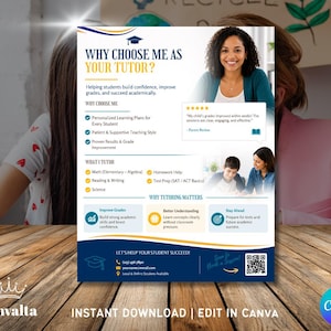 Può includere: Un volantino blu e giallo con il testo "WHY CHOOSE ME AS YOUR TUTOR?" presenta una donna sorridente e immagini di studenti. Il volantino evidenzia piani di apprendimento personalizzati, insegnamento di supporto e risultati comprovati. In basso si legge "DOWNLOAD ISTANTANEO | MODIFICA IN CANVA."