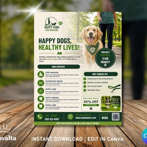 Pode incluir: Um folheto para Happy Paws Dog Walking com um golden retriever usando uma bandana verde. O texto inclui Happy Dogs, Healthy Lives!, Our Services, Why Choose Us? e uma oferta de 20% de desconto. Exibe contatos e um código QR.