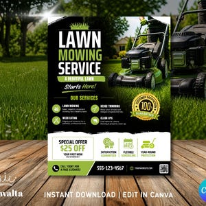 May include: A lawn mowing service advertisement with a black and green colour scheme. The flyer highlights services such as lawn mowing, weed eating, and hedge trimming. It also promotes a special offer of £25 off the first mow.