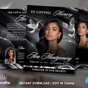 May include: A memorial card design with a black and white marble background. The card features a portrait of a woman, the text "In Loving Memory", and the name "Ava Montgomery" with dates. The words "Forever in Our Hearts" are also included.