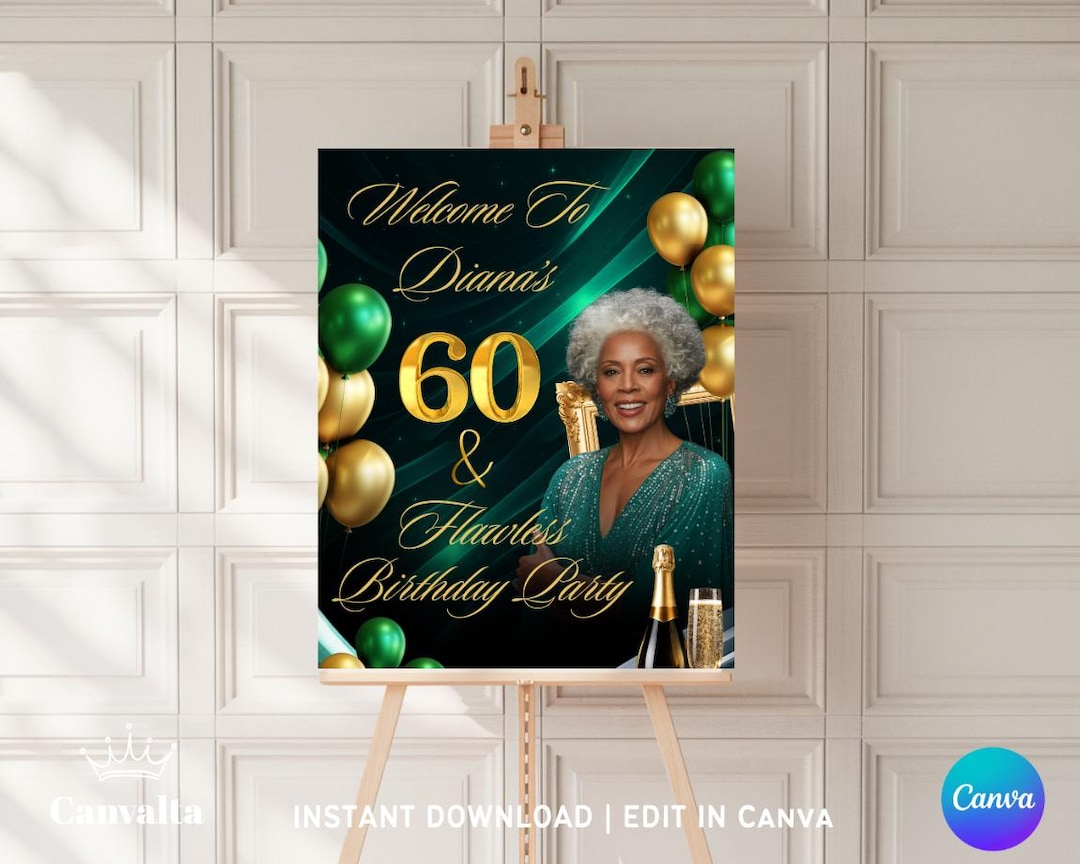 Editable 60th Birthday Sign Template | Green & Gold Party Decoration ...