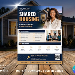 May include: A promotional flyer for Nurture Home Care, featuring a woman in a blazer. The flyer's headline reads "SHARED HOUSING" with the tagline "A PLACE TO BELONG. A HOME TO THRIVE." It includes details about services and contact information.