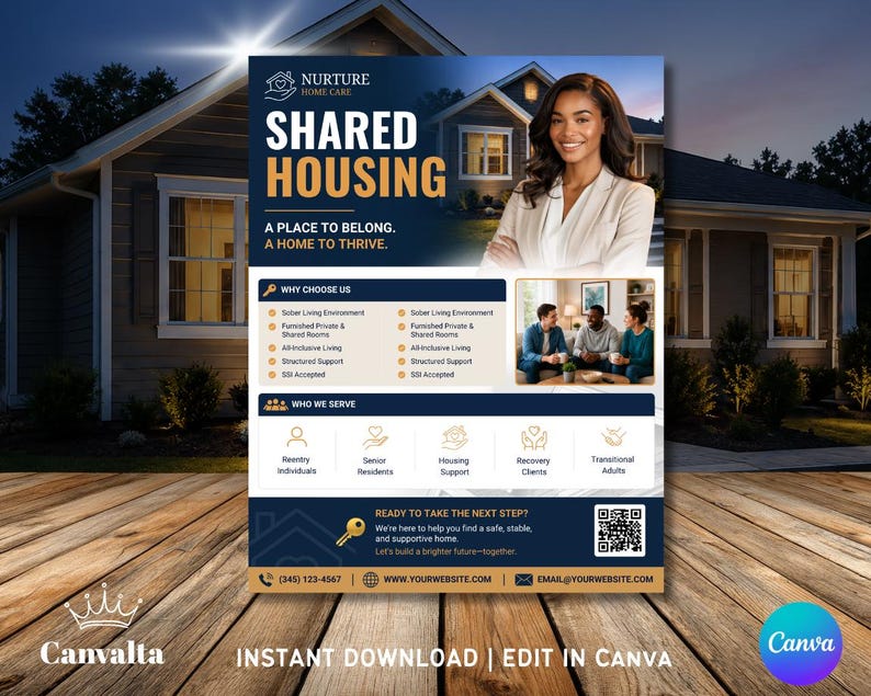 May include: A promotional flyer for Nurture Home Care, featuring a woman in a blazer. The flyer's headline reads "SHARED HOUSING" with the tagline "A PLACE TO BELONG. A HOME TO THRIVE." It includes details about services and contact information.