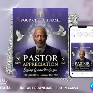 May include: A digital flyer for a Pastor Appreciation event. The design features a portrait of a man in a suit, doves, and the text "Pastor Appreciation" with the date and time. The flyer is purple and silver.