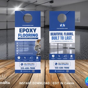 Może przedstawiać: Dwa niebiesko-białe wieszaki na drzwi promujące usługi podłóg epoksydowych. Jeden głosi "Epoxy Flooring" z wymienionymi korzyściami. Drugi mówi "Beautiful Floors. Built to Last." Oba zawierają numer telefonu i stronę internetową.