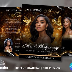 Puede incluir: Diseño de tarjeta conmemorativa con retrato de mujer, detalles dorados y texto "In Loving Memory". El diseño incluye pájaros dorados y el nombre "Ava Montgomery" con fechas. También está presente la frase "Forever in Our Hearts".