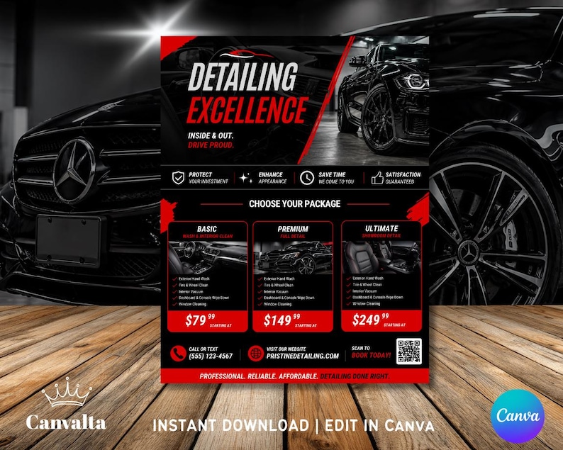 May include: A promotional flyer for car detailing services. The flyer features a black car, with the words "DETAILING EXCELLENCE" in red and white. It lists different detailing packages and services, with prices in US dollars.