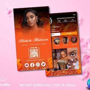 May include: Orange business card design for a lash technician, featuring a portrait of a woman and social media icons. The card includes the text "Nichola Anderson, Lash Technician" and a QR code.