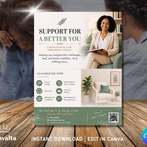 Può includere: Un volantino verde e bianco con il testo "Supporto per un te migliore" e una foto di una donna. Il volantino elenca i servizi per l'ansia, la depressione, le relazioni e altro. I dettagli di contatto e un codice QR sono in basso.