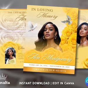 May include: A memorial card design with a portrait of a woman, surrounded by yellow roses and doves. The text reads "In Loving Memory" and "Ava Montgomery, February 24, 1976 - September 28, 2022, Forever in Our Hearts."