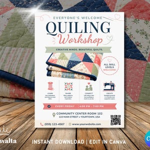 Mall för flygblad för quiltningsverkstad | Flyer för sömnadskurs i Canva | Kampanj för quilttillverkningsverkstad | Redigerbar i Canva