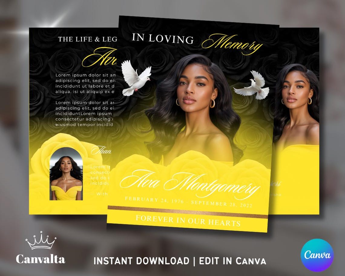 Yellow Roses Funeral Vector Black & Yellow Roses Funeral Template | 8-page Memorial Brochure ...