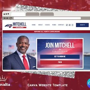Può includere: Un modello di sito web per una campagna politica. Il sito web presenta una foto di un uomo in giacca e cravatta, con il testo "Mitchell for Governor". Il sito web include anche un pulsante "Donare" e icone di social media.