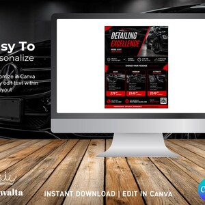 May include: A computer monitor displays a flyer for detailing services. The flyer features a black and red color scheme with the text "DETAILING EXCELLENCE." The monitor sits on a wooden surface. Text on the screen includes "Easy To Personalize" and "Instant Download | Edit in Canva."