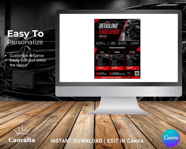 May include: A computer monitor displays a flyer for detailing services. The flyer features a black and red color scheme with the text "DETAILING EXCELLENCE." The monitor sits on a wooden surface. Text on the screen includes "Easy To Personalize" and "Instant Download | Edit in Canva."