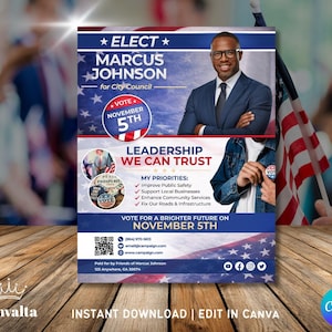 Op de afbeelding: Een campagne flyer met Marcus Johnson, kandidaat voor de gemeenteraad. Het ontwerp gebruikt rood, wit en blauw, met de tekst "Kies Marcus Johnson" en een stemdatum van 5 november. Prioriteiten worden vermeld.
