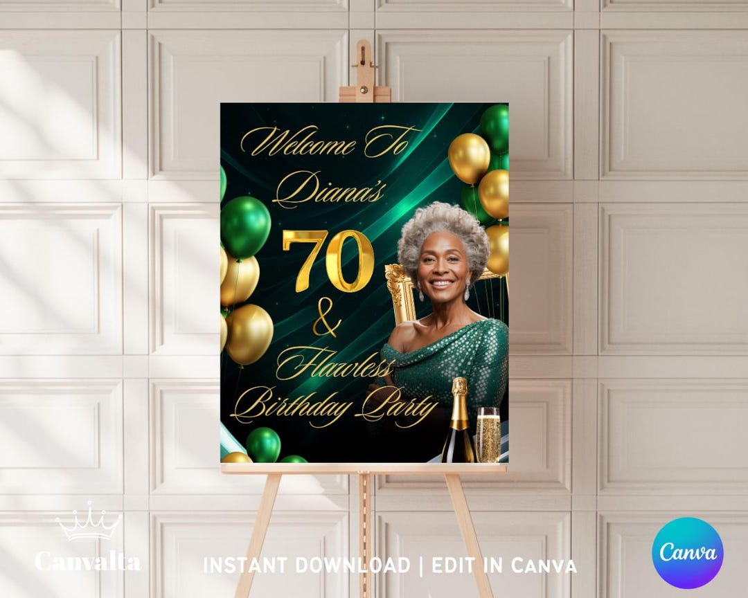Editable 70th Birthday Sign Template | Green & Gold Party Decoration ...