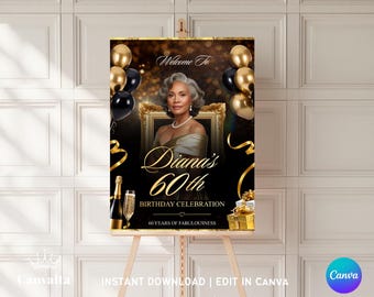 Modèle de plaque modifiable pour le 60e anniversaire | Décoration de fête dorée et noire | Poster sur toile 18 x 24 (téléchargement numérique)