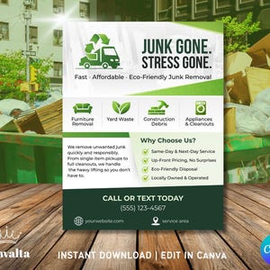 Folleto editable de retirada de basura / Plantilla para negocio de transporte de basura / Anuncio de limpieza de basura y escombros