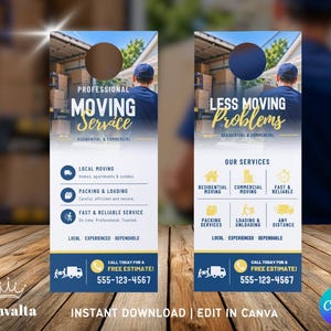 Könnte beinhalten: Zwei vertikale Türhänger für ein Umzugsunternehmen. Der linke Hänger zeigt Professional Moving Service, Residential & Commercial, mit Symbolen für lokale Umzüge, Verpackung und Beladung. Der rechte Hänger zeigt Less Moving Problems.