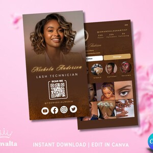 May include: Two-sided business card with a brown gradient background. The front features a photo of a woman, the name "Nichola Anderson, Lash Technician," a QR code, and social media icons. The back displays a profile with photos and social media information.