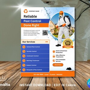 Może przedstawiać: Ulotka reklamowa usług zwalczania szkodników. Projekt przedstawia osobę w kombinezonie ochronnym spryskującą dom, z tekstem "Reliable Pest Control Done Right". Usługi obejmują ogólne zwalczanie szkodników, termitów i karaluchów.