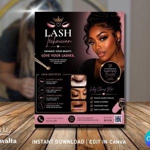 May include: A black and pink promotional flyer for a lash technician featuring a portrait of a person, text including LASH TECHNICIAN, ENHANCE YOUR BEAUTY, LOVE YOUR LASHES, OUR SERVICES, and WHY CHOOSE ME, along with icons and a QR code for booking.