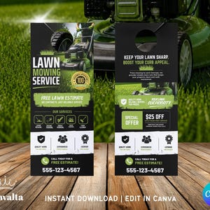 May include: Two door hangers advertising lawn mowing services. The black and green design includes the text "Lawn Mowing Service", "Free Lawn Estimate", and a phone number. One hanger offers a £20 discount.