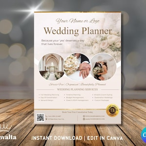 以下が含まれることがあります： 金色の縁取りが施されたウェディングプランナーの広告で、「Wedding Planner」の文字と「あなたの「はい」は永遠に続く一日を意味する」というキャッチコピーが特徴です。デザインには結婚式のシーンの写真とウェディングプランニングサービスのリストが含まれています。