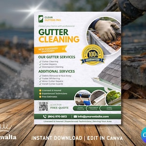 May include: A flyer for Clean Gutters Pro, offering gutter cleaning services. The design features text, graphics, and images of gutter cleaning, repairs, and related services. Includes a customer satisfaction guarantee and a QR code for a free quote.