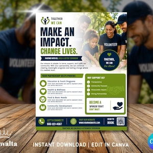 Pode incluir: Um modelo de folheto intitulado Together We Can Make An Impact Change Lives com um esquema de cores verde e azul, incluindo seções para programas comunitários, benefícios de patrocínio, contatos e um código QR.