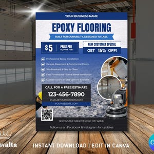 May include: A blue and white flyer promoting epoxy flooring services. The flyer includes the text "Epoxy Flooring" and details about professional installation, pricing, and a new customer special. It also features a phone number and website.