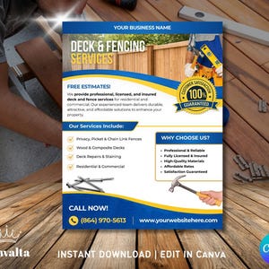 Puede incluir: Un folleto azul y amarillo para servicios de cubiertas y cercas. El folleto incluye texto como "Deck & Fencing Services", "Free Estimates" y un número de teléfono. El folleto también incluye imágenes de una valla, un martillo y una persona trabajando en una cubierta.