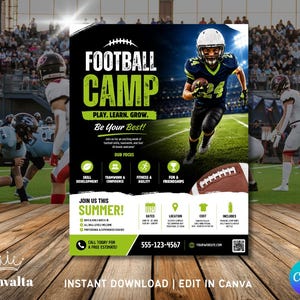 Op de afbeelding: Een promotieposter voor een voetbalkamp. De poster toont een voetballer in een blauw-geel uniform die op een groen veld rent. Tekst bevat "FOOTBALL CAMP" en "PLAY. LEARN. GROW."